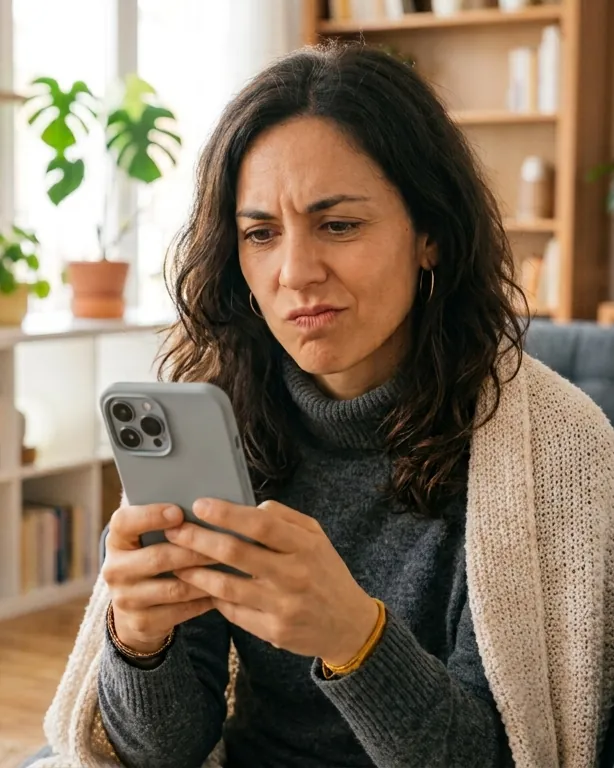 Propietaria mirando el móvil con cara de duda